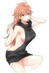  1girl ahoge aran_sweater arm_up backless_outfit bangs bare_back bare_shoulders black_sweater blush breasts brown_hair closed_mouth dress earrings eyebrows_visible_through_hair fate/grand_order fate_(series) genderswap genderswap_(mtf) green_eyes hair_between_eyes hair_tie halterneck hand_in_hair hand_up jewelry large_breasts long_hair looking_at_viewer mouth_hold naked_sweater no_bra no_panties open-back_dress ribbed_sweater romani_akiman satou_(fujisanjj-mesigaumaize) sideboob simple_background solo sweatdrop sweater sweater_dress turtleneck turtleneck_sweater virgin_killer_sweater white_background 