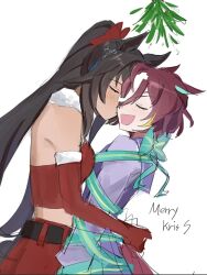  2girls animal_ears astronghouse black_hair blush bound brown_hair christmas closed_eyes commentary_request cowboy_shot elbow_gloves fur_trim gift_wrapping gloves hair_over_one_eye highres horse_ears horse_girl horse_tail hug kiss kissing_cheek korean_commentary long_hair mistletoe multiple_girls ponytail red_gloves red_skirt short_hair simple_background skirt symboli_kris_s_(umamusume) tail tanino_gimlet_(umamusume) tied_up_(nonsexual) umamusume white_background wrapped_up yuri 
