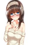  1girl absurdres bare_shoulders bespectacled black_hair blue_eyes blush braid breasts cleavage glasses go-1 hairband highres idolmaster idolmaster_cinderella_girls jewelry long_hair looking_at_viewer necklace off-shoulder_sweater pendant sagisawa_fumika semi-rimless_glasses solo sweater twin_braids under-rim_glasses 