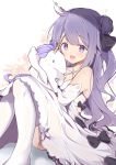  1girl :d absurdres ahoge azur_lane bangs bare_shoulders black_bow black_ribbon blush bow commentary_request criss-cross_halter dress elbow_gloves eyebrows_visible_through_hair gloves hair_bun hair_ornament hair_ribbon halterneck highres looking_at_viewer object_hug one_side_up open_mouth purple_hair ribbon shirosei_mochi side_bun sitting smile solo stuffed_animal stuffed_pegasus stuffed_toy stuffed_unicorn thigh-highs unicorn_(azur_lane) violet_eyes white_dress white_gloves white_legwear 