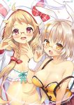  2girls :3 adjusting_glasses ahoge animal_hood bespectacled blonde_hair blush braid breasts bunny_hood cleavage crescent crescent_hair_ornament flower_knight_girl glasses hair_ornament kurot large_breasts long_hair multiple_girls open_mouth red_eyes susuki_(flower_knight_girl) twitter_username upper_body usagi_no_ou_(flower_knight_girl) white_background yellow_eyes 