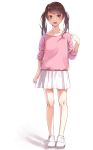  1girl arm_at_side arm_up brown_eyes brown_hair full_body hami_yura highres long_sleeves looking_at_viewer open_mouth original pink_shirt pleated_skirt shirt shoes simple_background skirt sleeves_rolled_up teeth twintails white_background white_shoes white_skirt 