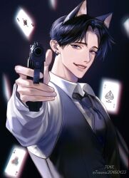  1boy ace_(playing_card) aiming aiming_at_viewer animal_ears black_background black_hair black_necktie black_vest blurry blurry_background card cat_ears commentary earrings english_commentary eyeshadow gradient_background gun highres holding holding_gun holding_weapon jewelry long_sleeves makeup male_focus necktie original parted_lips playing_card shirt short_hair smile solo teeth thick_lips toscana20460423 upper_body vest violet_eyes weapon weapon_request white_shirt 