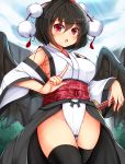  &gt;:o 1girl :o bangs bird_wings black_hair black_legwear black_wings blush breasts cowboy_shot day detached_sleeves groin hair_between_eyes hat highres katana kourindou_tengu_costume large_breasts long_sleeves obi pelvic_curtain pom_pom_(clothes) red_eyes sash shameimaru_aya short_hair sideboob solo sunlight sword thigh-highs tokin_hat tokoya_(ex-hetare) touhou weapon wide_sleeves wings 