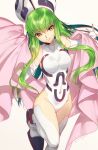  1girl breasts c.c. code_geass cosplay covered_navel creayus detached_sleeves green_hair groin hat houshin_engi leotard long_hair simple_background smile so_dakki so_dakki_(cosplay) solo thigh-highs twitter_username white_background white_legwear yellow_eyes 