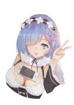  1girl blue_eyes blue_hair bow breasts cellphone cleavage detached_sleeves hair_over_one_eye hair_ribbon large_breasts looking_at_viewer maid maid_headdress object_on_breast open_mouth phone pink_ribbon re:zero_kara_hajimeru_isekai_seikatsu reflection rem_(re:zero) ribbon sannye short_hair simple_background sketch smartphone solo upper_body v white_background 