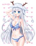  1girl bikini blue_eyes breasts cleavage fake_antlers front-tie_bikini front-tie_top hat heart heart_background highres large_breasts long_hair navel open_mouth original panties round_teeth side-tie_panties smile solo striped striped_bikini swimsuit teeth ubi_(ekdus6080) underwear very_long_hair white_hair 