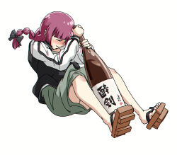  1girl black_bow black_jacket black_nails blunt_bangs blush bocchi_the_rock! bottle bow chromatic_aberration closed_eyes dress fighting_game fingernails full_body geta green_dress guilty_gear hair_bow hiroi_kikuri holding holding_bottle jacket long_hair long_sleeves low-braided_long_hair low-tied_long_hair medium_dress multicolored_jacket nail_polish nose_blush pink_hair sake_bottle simple_background sol_badguy solo torako_(toramaru) twitter_username two-tone_jacket v-shaped_eyebrows watermark white_background white_jacket 