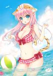  1girl :d absurdres animal_ears ball beachball bikini blue_eyes breasts cleavage clouds cloudy_sky collarbone crowe_(sugar-berry-syrup) eyebrows_visible_through_hair floating_hair frilled_bikini frills head_wreath highres large_breasts long_hair looking_at_viewer midriff navel ocean open_mouth orange_flower pink_bikini pink_flower pink_hair scan sideboob sky smile solo stomach swimsuit tail tiger_ears tiger_tail toranoana wading white_flower 