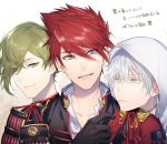  3boys armor black_gloves blue_eyes closed_mouth eyebrows_visible_through_hair eyes_visible_through_hair gloves green_eyes green_hair hair_over_one_eye hood japanese_armor looking_at_another male_focus messy_hair miyamotokannn multiple_boys ookanehira_(touken_ranbu) pout redhead smile sode spiky_hair touken_ranbu tsurumaru_kuninaga uguisumaru upper_body white_hair yellow_eyes 