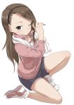  1girl absurdres asymmetrical_bangs bangs blush brown_eyes brown_hair closed_mouth full_body highres idolmaster jacket kneeling looking_at_viewer minase_iori shoes short_hair shorts simple_background sneakers solo towel towel_around_neck track_jacket white_background yamamoto_souichirou 