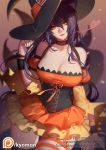  1girl ahri animal_ears bare_shoulders black_hair breasts choker cleavage corset cowboy_shot detached_sleeves dress fox_ears fox_tail hair_between_eyes hat heart juliet_sleeves large_breasts layered_dress league_of_legends long_hair long_sleeves looking_at_viewer multiple_tails orange_eyes puffy_sleeves short_dress single_thighhigh slit_pupils smile solo songjikyo striped striped_legwear tail thigh-highs wide_sleeves witch_hat 