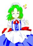 1girl apron blue_dress bow closed_eyes dress green_hair maid_apron maid_headdress nonamejd red_bow ruukoto short_sleeves simple_background smile solo touhou touhou_(pc-98) 