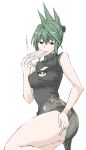  1girl bare_arms breasts character_request china_dress chinese_clothes copyright_request dress elf_(stroll_in_the_woods) green_eyes green_hair highres medium_breasts sketch solo standing standing_on_one_leg thigh-highs thighs tongue tongue_out translated 