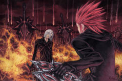  2boys absurdres axel_(kingdom_hearts) back_turned battle black_coat black_coat_(kingdom_hearts) black_gloves blue_eyes coat crossover dissidia_final_fantasy dominic_ian_cabatit final_fantasy final_fantasy_vii final_fantasy_vii_advent_children fire gloves greatsword grey_hair head_tilt highres huge_weapon kadaj katana keyblade kingdom_hearts long_sleeves male_focus meteor meteor_shower multiple_boys nick-ian planted planted_sword red_hair red_sky short_hair sky smile solo spiky_hair sword weapon 