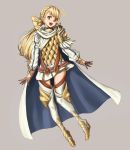  1girl armor athenawyrm blonde_hair blush boots braid brown_background cape fire_emblem fire_emblem_heroes gloves green_eyes intelligent_systems long_hair looking_at_viewer low_ponytail nintendo open_mouth sharena simple_background smile solo super_smash_bros. teeth 