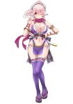  1girl absurdres alternate_hairstyle bangs blush breasts cleavage closed_mouth curvy eyebrows_visible_through_hair female full_body hair_between_eyes hand_on_waist headphones highres large_breasts long_hair looking_at_viewer midriff navel ninja nitroplus one_eye_closed pelvic_curtain pink_eyes pink_hair purple_legwear purple_thighhighs sandals scarf short_sword side-tie_panties simple_background sleeveless solo super_sonico sword thigh-highs transparent_background v-mag weapon 