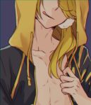  1boy blonde_hair blue_background collarbone head_out_of_frame hood hoodie jacket licking_lips male_focus open_clothes open_jacket rio_(rio_01) scrunchie shishiou simple_background solo tongue tongue_out touken_ranbu 