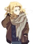  1girl blonde_hair blue_eyes bomber_jacket breath girls_und_panzer hand_in_hair hand_in_pocket jacket kay_(girls_und_panzer) scarf sketch solo tora_jun white_background 