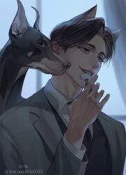  1boy ace_(playing_card) animal_ears artist_name black_hair black_necktie black_vest blurry blurry_background card card_in_mouth commentary dobermann dog dog_ears english_commentary eyeshadow grey_eyes grey_jacket hand_up highres holding holding_card jacket looking_to_the_side makeup male_focus mouth_hold necktie original parted_lips playing_card shirt short_hair smile solo teeth toscana20460423 twitter_username upper_teeth_only vest white_shirt window 