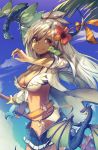  1girl arm_up bangs bazooka_oiran belt bikini blue_sky breasts cleavage closed_mouth clouds cloudy_sky day dragon floating_hair flower front-tie_bikini front-tie_top granblue_fantasy hair_between_eyes hair_flower hair_ornament hibiscus highres holding holding_sword holding_weapon large_breasts long_hair looking_at_viewer outdoors palm_tree red_eyes side-tie_bikini sky smile solo swimsuit sword the_order_grande tree weapon white_bikini white_hair 