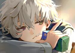  1boy absurdres arm_rest artist_name closed_mouth daro_(dar0o0rab) drinking_straw gradient_background green_eyes hair_between_eyes heterochromia highres holding_juice_box juice_box looking_to_the_side male_focus murakumo_kagetsu murakumo_kagetsu_(3rd_costume) nijisanji short_hair simple_background slouching solo violet_eyes virtual_youtuber white_hair 