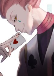  1boy absurdres card closed_mouth highres hisoka_morow holding holding_card hunter_x_hunter hyakki_non looking_at_viewer male_focus playing_card red_hair sleeveless solo teardrop_facial_mark white_background yellow_eyes 