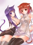  2girls :&gt; animal_ears arm_support backless_outfit bangs black_legwear blush breasts cat_ears cat_girl cat_tail closed_mouth dress dutch_angle eyebrows_visible_through_hair grey_legwear hair_between_eyes halterneck kakuno large_breasts legs_together long_hair looking_at_viewer looking_back lying multiple_girls naked_sweater on_back on_stomach open-back_dress original purple_hair red_eyes redhead ribbed_sweater short_hair sideboob smile sweater sweater_dress tail thigh-highs thighs turtleneck turtleneck_sweater violet_eyes virgin_killer_sweater 