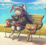  1girl animal_ears bench bird carrot chicken commentary eating fried_chicken koto_inari park rabbit_ears reisen_udongein_inaba touhou 