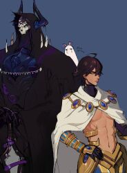  1girl 2boys abs animal_ears black_cloak cape cloak dark-skinned_male dark_skin ennuigrl fate/grand_order fate_(series) highres holding holding_sword holding_weapon hood hooded_cloak jackal_ears king_hassan_(fate) multiple_boys nitocris_(fate) nitocris_(swimsuit_assassin)_(fate) ozymandias_(fate) skull sword toned toned_male weapon 