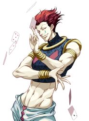  1boy abs card closed_mouth hisoka_morow holding holding_card hunter_x_hunter looking_at_viewer male_focus navel playing_card red_hair sleeveless solo teardrop_facial_mark white_background zishanjiang 