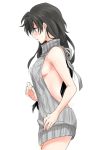 1girl aran_sweater backless_outfit bangs black_hair blue_eyes blush breasts cowboy_shot dress earrings eyebrows_visible_through_hair fate/grand_order fate_(series) from_side fujimaru_ritsuka_(male) genderswap genderswap_(mtf) grey_sweater halterneck hand_up jewelry long_hair medium_breasts naked_sweater no_bra open-back_dress parted_lips ribbed_sweater satou_(fujisanjj-mesigaumaize) sideboob simple_background solo sweater sweater_dress turtleneck turtleneck_sweater virgin_killer_sweater white_background