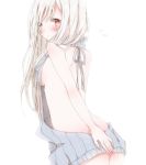  1girl albino ass back backless_outfit bangs bare_back bare_shoulders blush breasts closed_mouth covering covering_ass dress embarrassed eyebrows_visible_through_hair flying_sweatdrops from_behind grey_sweater halterneck hiro_(hirohiro31) long_hair looking_at_viewer looking_back medium_breasts naked_sweater open-back_dress original red_eyes ribbed_sweater sideboob simple_background solo sweater sweater_dress tareme turtleneck turtleneck_sweater upper_body virgin_killer_sweater white_background white_hair 