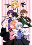  5girls absurdres ama_usa_an_uniform anko_(gochiusa) aqua_eyes black_skirt blonde_hair blue_bow blue_eyes bow bowtie brown_hair coffee crossed_arms dress eyebrows_visible_through_hair fleur_de_lapin_uniform flower gochuumon_wa_usagi_desu_ka? green_eyes hair_flower hair_ornament hair_ribbon hand_on_hip highres holding holding_tray hoto_cocoa japanese_clothes kafuu_chino kimono kirima_sharo long_hair long_skirt looking_at_viewer maid multiple_girls official_art open_mouth orange_hair purple_hair rabbit rabbit_house_uniform red_bow ribbon scan short_dress short_hair silver_hair skirt smile striped striped_background tedeza_rize thigh-highs tippy_(gochiusa) tray twintails ujimatsu_chiya violet_eyes waitress white_apron white_legwear white_ribbon wild_geese wrist_cuffs yukata zettai_ryouiki 