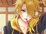  1boy blonde_hair close-up collarbone food grey_eyes hair_over_one_eye hood hoodie indoors male_focus mouth_hold parted_lips pocky ponytail pov rio_(rio_01) scrunchie shishiou solo touken_ranbu upper_body wall_slam 