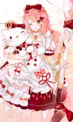  1girl ;) animal_ears arknights bow closed_mouth clothing_cutout cnsmsoup collarbone commentary_request crown cup dot_nose dress drink feet_out_of_frame frilled_bow frills gloves goldenglow_(arknights) goldenglow_(party_in_the_garden)_(arknights) hair_bow hair_ornament heart heart_cutout heart_hair_ornament hello_kitty hello_kitty_(character) highres holding long_hair looking_at_viewer official_alternate_costume one_eye_closed orange_eyes pink_hair plaid_bow puffy_short_sleeves puffy_sleeves red_bow sanrio saucer short_sleeves smile solo star_(symbol) tail tail_bow tail_ornament teacup white_dress white_gloves 