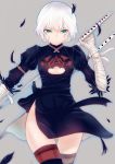  1girl assassin_of_black bandage cai_yuan cosplay dress fate/apocrypha fate_(series) green_eyes highres nier_(series) nier_automata scar skindentation sword thigh-highs weapon white_hair yorha_no._2_type_b yorha_no._2_type_b_(cosplay) 