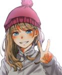  1girl arm_at_side arm_up beanie blue_eyes blush brown_hair ear_blush eyebrows_visible_through_hair grey_jacket grin hami_yura hat highres jacket long_sleeves looking_at_viewer original red_beanie simple_background smile teeth upper_body white_background winter_clothes 