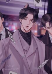  3boys ace_(playing_card) animal_ears artist_name black_coat black_hair black_necktie black_sweater blurry blurry_background card cat_ears coat earrings eyeshadow grey_eyes head_out_of_frame highres jewelry looking_to_the_side makeup male_focus multiple_boys necktie original outdoors parted_lips pink_coat playing_card shirt short_hair solo_focus standing sweater thick_lips toscana20460423 tsurime turtleneck turtleneck_sweater twitter_username upper_body white_shirt 