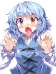  1girl blue_eyes blue_hair blush e.o. heterochromia highres juliet_sleeves long_sleeves looking_at_viewer open_mouth puffy_sleeves red_eyes short_hair simple_background solo tatara_kogasa tongue tongue_out touhou vest white_background 