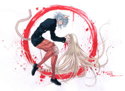  1boy 1other 2013 androgynous animal_ears black_shoes blood cat_boy cat_ears cat_girl cat_tail closed_eyes dated doll_joints dominic_ian_cabatit fingernails from_side full_body highres holding_detached_head hunter_x_hunter joints kite_(hunter_x_hunter) kneehighs long_hair long_sleeves neferpitou nick-ian orange_shorts orange_socks other_focus penny_loafers profile red_eyes ribbed_shorts severed_head sharp_fingernails shoes short_hair shorts smile socks tail timestamp u_u white_hair 