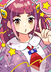  1girl :o anidler91 arched_bangs brown_eyes cardigan eyelashes hair_ornament hairclip highres index_finger_raised lacey_(pokemon) looking_at_viewer medium_hair neckerchief open_cardigan open_clothes open_mouth pink_cardigan pink_hair pokemon pokemon_sv red_neckerchief solo star_(symbol) upper_body 