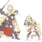  3girls ahoge angry armor bare_shoulders bell black_gloves black_legwear blonde_hair bra chains closed_eyes fate/apocrypha fate/grand_order fate_(series) gloves headpiece jeanne_alter jeanne_alter_(santa_lily)_(fate) long_hair multiple_girls namie-kun ribbon ruler_(fate/apocrypha) simple_background striped striped_ribbon sword tongue tongue_out underwear weapon yellow_eyes 