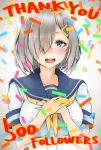  1girl blue_eyes breasts confetti followers hair_ornament hair_over_one_eye hairclip hamakaze_(kantai_collection) hands_on_own_chest highres kantai_collection large_breasts looking_at_viewer open_mouth own_hands_together school_uniform serafuku silver_hair smile solo teeth thank_you upper_body wasavi_8 