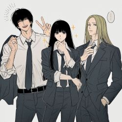  ... 1girl 2boys adam&#039;s_apple adjusting_clothes adjusting_necktie arm_tattoo belt black_belt black_hair blonde_hair blunt_bangs brown_eyes buttons closed_eyes closed_mouth collared_shirt commentary cowboy_shot curly_hair elbow_on_arm empty_eyes expressionless fingernails forehead formal_clothes furrowed_brow green_eyes grey_jacket grey_necktie grey_pants grey_suit grin hand_in_pocket hand_on_own_chin hand_tattoo hand_up height_difference highres holding holding_jacket holding_unworn_clothes jacket kuroiisana leaning_to_the_side long_hair looking_at_viewer multiple_boys nagumo_(sakamoto_days) neck_tattoo necktie open_clothes open_jacket open_mouth osaragi_(sakamoto_days) pants sakamoto_days scar scar_on_chin scar_on_face shirt shishiba_(sakamoto_days) short_hair sideways_glance simple_background sleeves_rolled_up smile sparkle standing straight_hair suit symbol-only_commentary tattoo teeth unworn_jacket upper_teeth_only v very_long_hair white_background white_shirt 