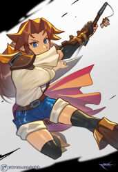  1girl armor belt belt_buckle black_socks blue_eyes blue_shorts breasts brown_hair buckle cape charm_(object) cow elbow_gloves eyelashes fingerless_gloves gloves holding holding_sword holding_weapon kneehighs long_hair looking_at_viewer malon orlek red_cape shirt shorts shorts_rolled_up shoulder_armor smile socks solo sword the_legend_of_zelda the_legend_of_zelda:_ocarina_of_time weapon white_shirt 