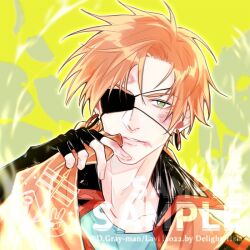  1boy asymmetrical_hair black_coat black_gloves black_order_uniform blue_shirt bruise bruise_on_face coat collared_coat colorful_background d.gray-man delight_hsia earrings eyepatch fingerless_gloves gloves green_background green_eyes holding holding_scarf holding_unworn_clothes hoop_earrings injury jewelry lavi looking_at_viewer male_focus one_eye_covered orange_hair orange_scarf red_stripes scarf shirt short_hair sidelocks single_glove solo striped_coat white_background 