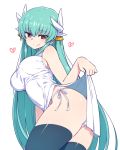  1girl aqua_hair ass black_legwear breasts chan_co china_dress chinese_clothes cowboy_shot dress dress_lift fate/grand_order fate_(series) from_side half-closed_eyes heart horns kiyohime_(fate/grand_order) large_breasts leaning_forward long_hair looking_at_viewer panties side-tie_panties side_slit simple_background smile solo string_panties thigh-highs thighs underwear very_long_hair white_background white_dress white_panties yellow_eyes 