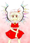  1girl blonde_hair flandre_scarlet hat highres nonamejd oota_jun&#039;ya_(style) parody red_eyes red_ribbon red_skirt ribbon short_hair short_sleeves simple_background skirt smile solo style_parody touhou wings yellow_ribbon 