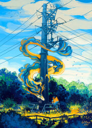  1boy animal antlers bird blue_shirt blue_sky bush cat child clouds commentary dark-skinned_male dark_skin day dragon eastern_dragon fence flock flower flying geneva_bowers grass green_eyes highres holding holding_kite horns kite looking_at_another male_focus mane original outdoors power_lines railing shirt shorts sky standing tree utility_pole web_address 